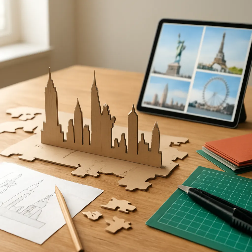 Partially assembled wooden skyline puzzle with sketches, rulers, and reference photos on a table.